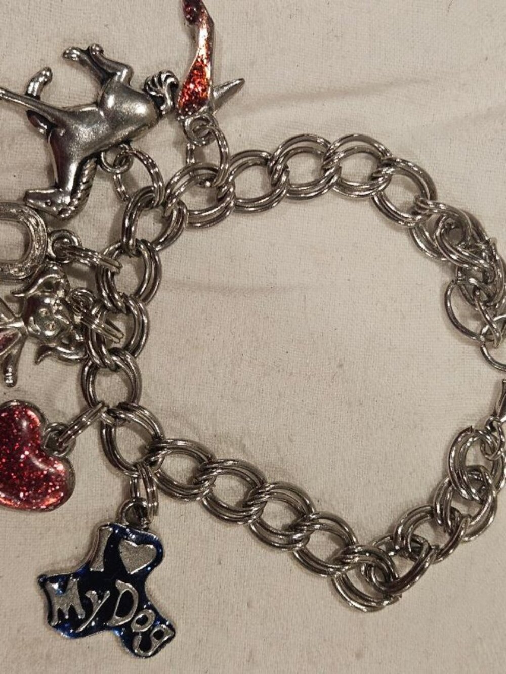 VTG Silver Tone Chunky Charm Bracelet Whimsical I Love My Dog Girl Heart 7.5"